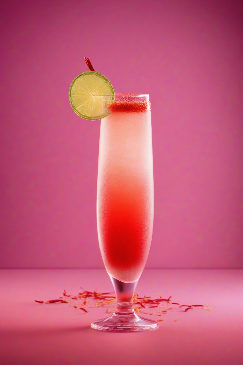 A high-resolution photo of a firecracker fizz drink with red layers and chili-rimmed glass under soft lighting.