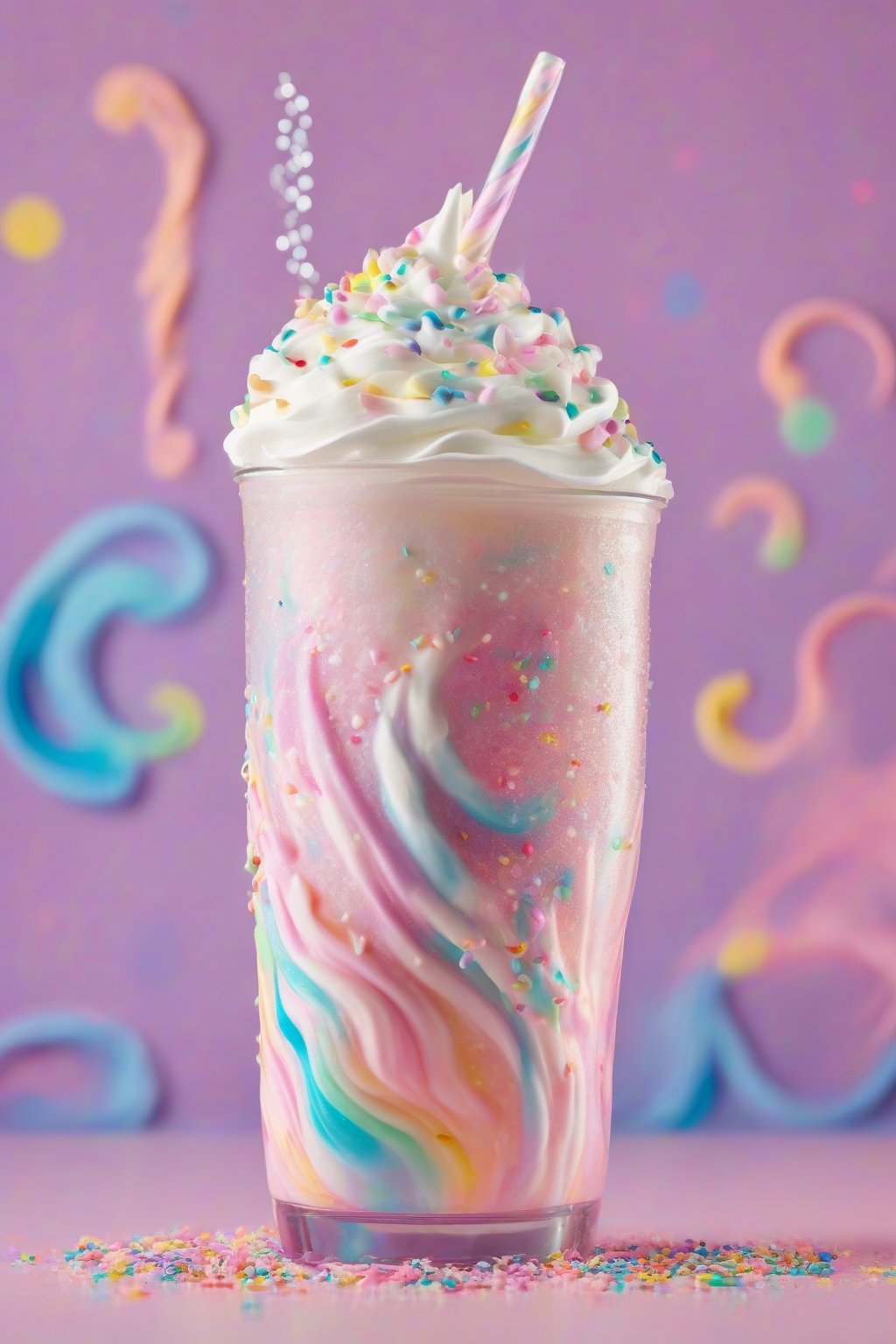 A high-resolution photo of a unicorn dream soda with pastel swirls, whipped cream, and sprinkles under soft lighting.