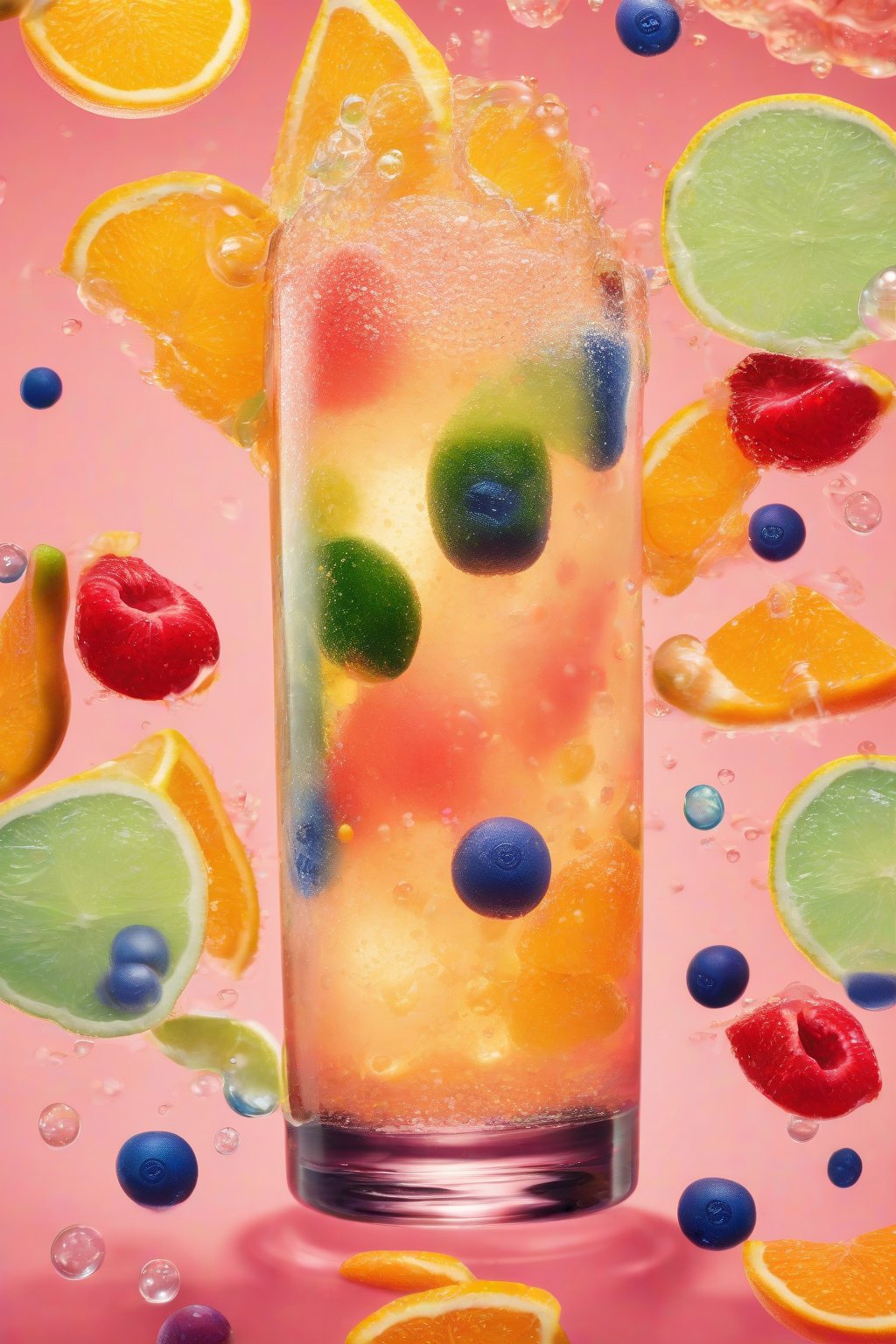 A high-resolution photo of lava lamp lemonade with rising orange bubbles and fruit slices under soft lighting.