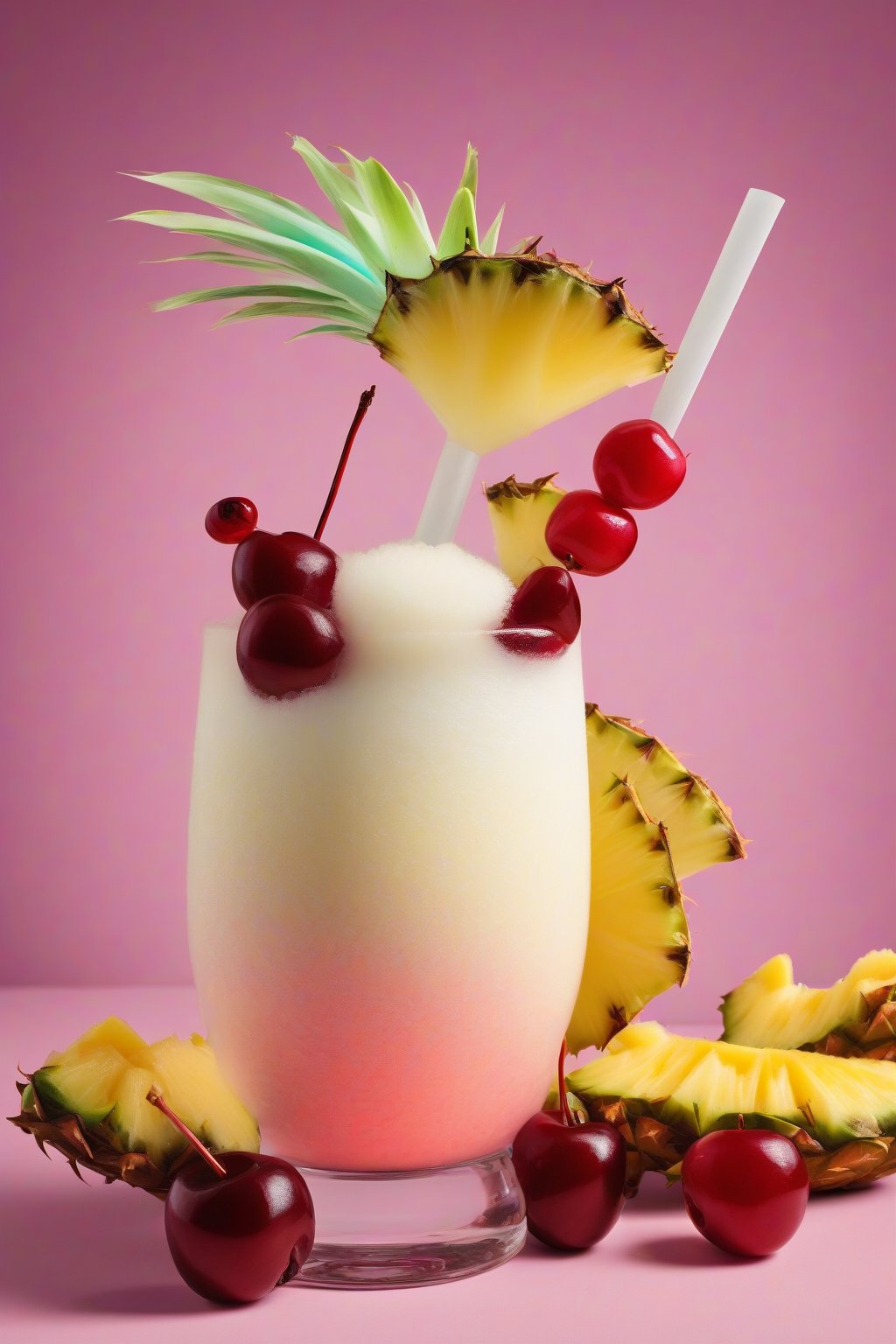 A high-resolution photo of a piña colada slushie with layered colors and cherry garnish under soft lighting.