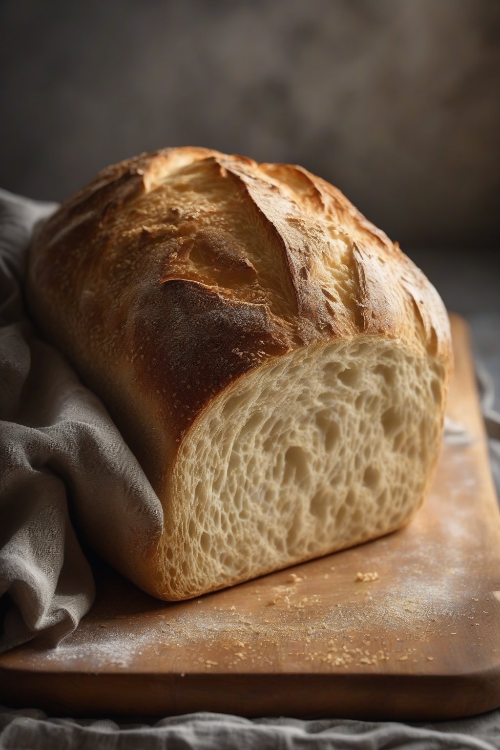 A high-resolution photo of a golden-crusted classic no-knead artisan bread loaf on a wooden cutting board, steam rising, under soft lighting.