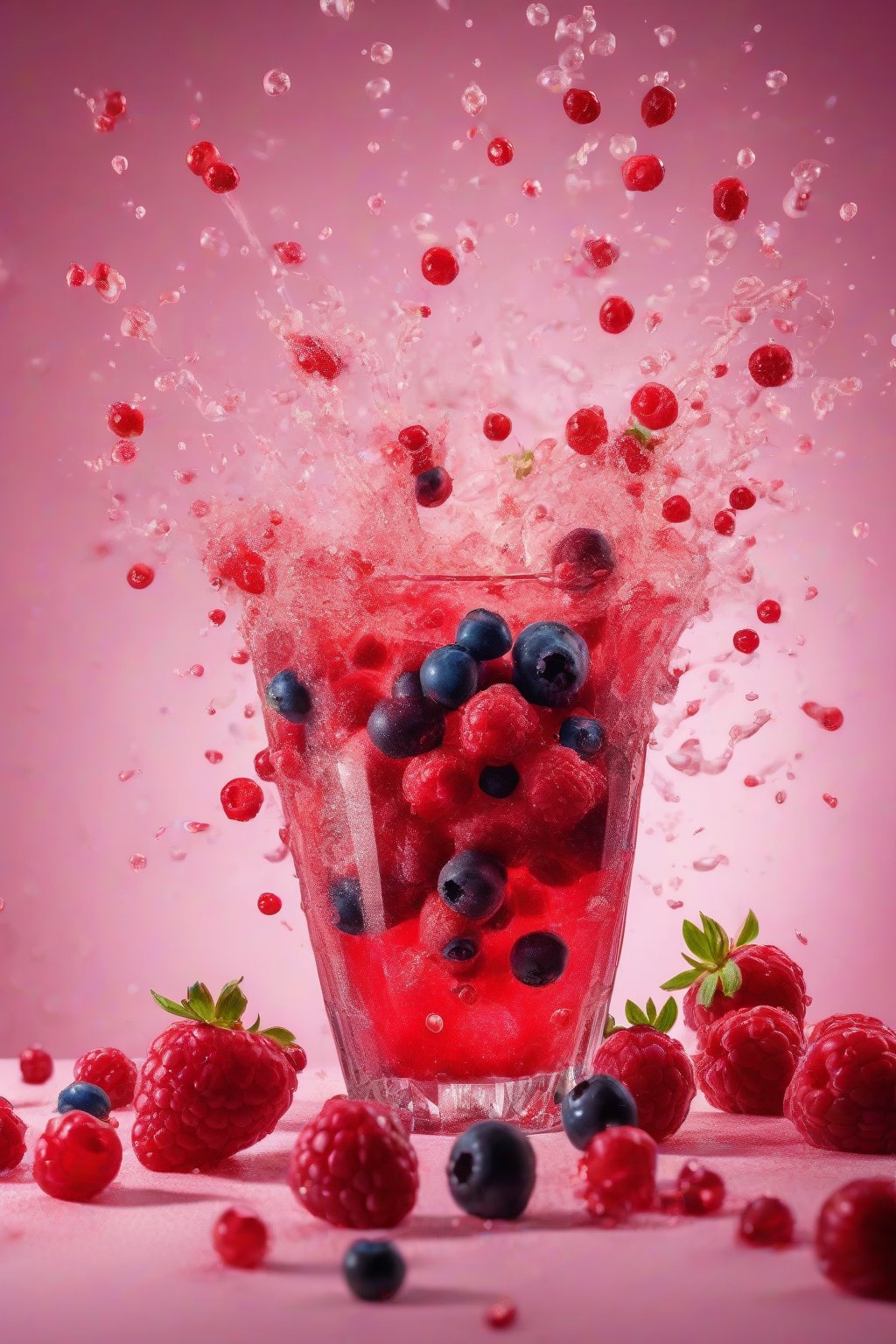 A high-resolution photo of berry blast explosion with floating berries and red fizz under soft lighting.