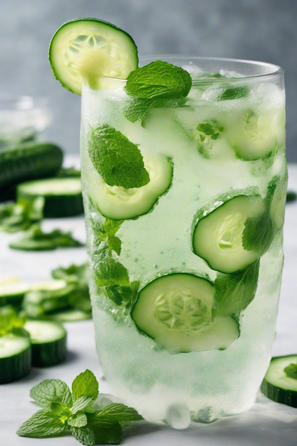 A high-resolution photo of cucumber cooler with green slices, mint, and bubbles under soft lighting.