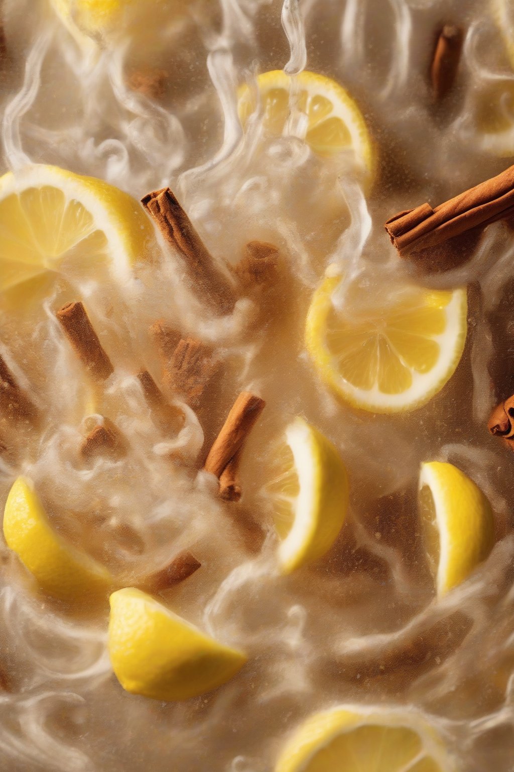A high-resolution photo of ginger beer rocket fizzing with cinnamon swirls and lemon peel under soft lighting.