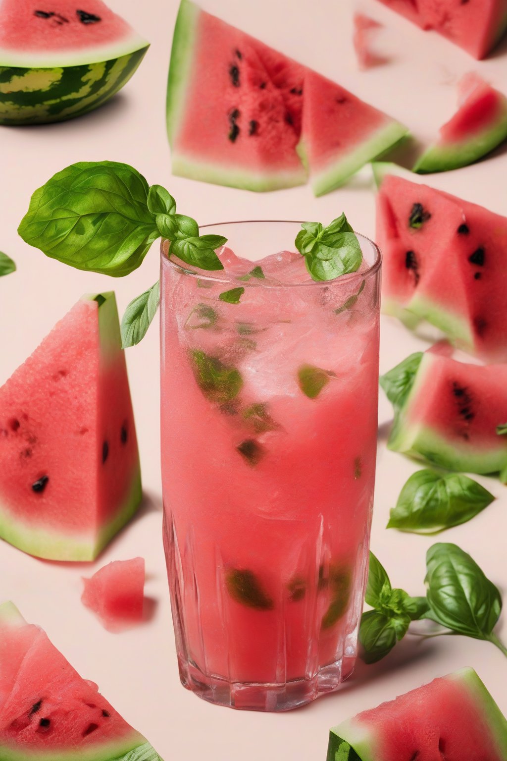 A high-resolution photo of watermelon smash with muddled chunks and basil under soft lighting.