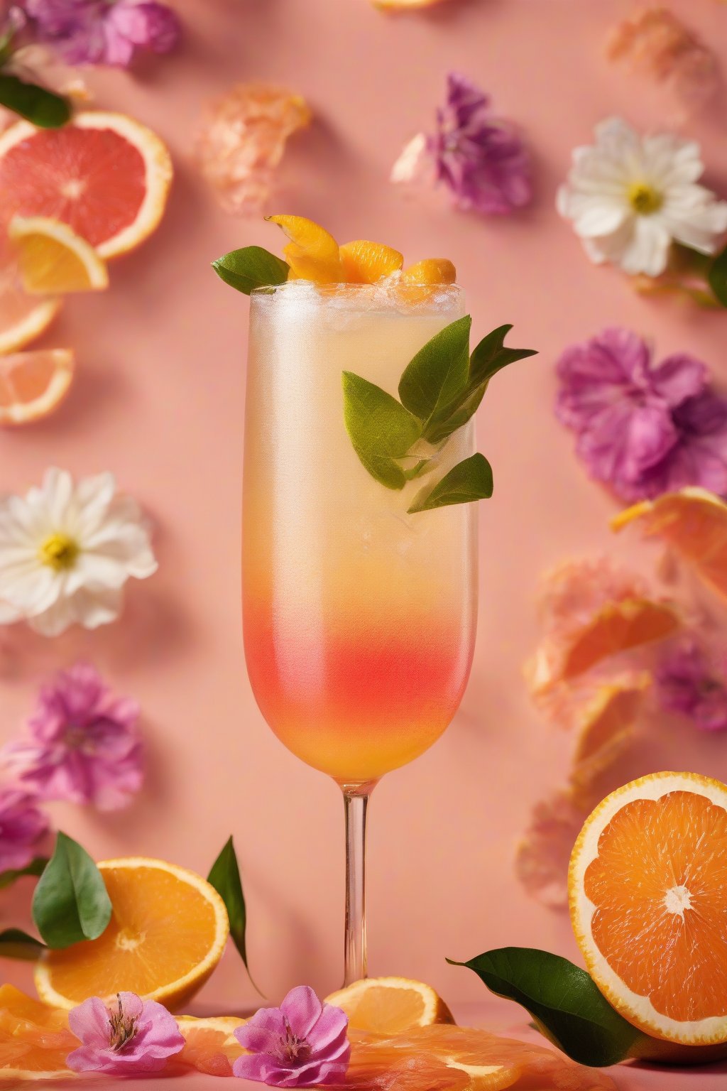 A high-resolution photo of citrus sunrise spritzer with layered gradients and flowers under soft lighting.