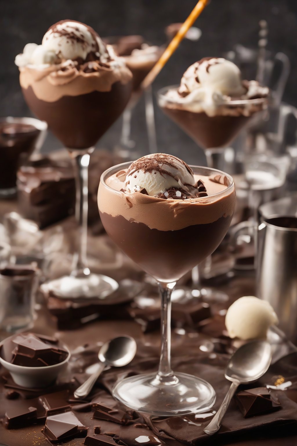 A high-resolution photo of chocolate martini float with melting ice cream and shavings under soft lighting.