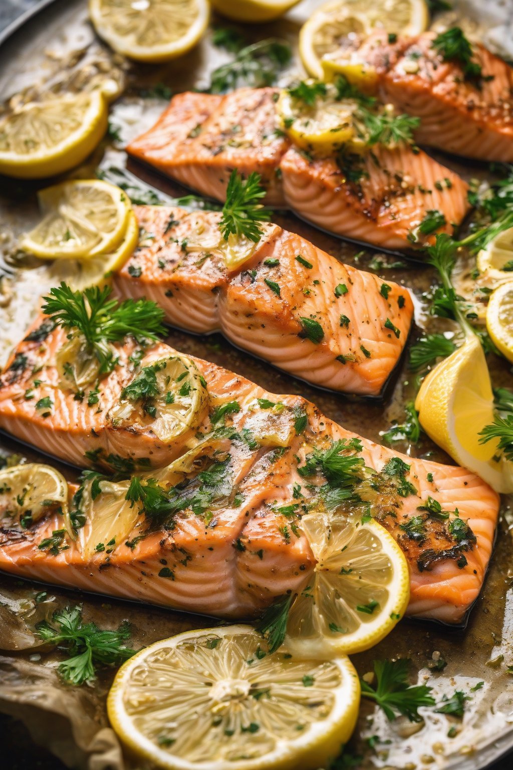 A high-resolution photo of grilled lemon garlic salmon fillets on a platter with lemon slices and parsley, flaky and golden under soft lighting.
