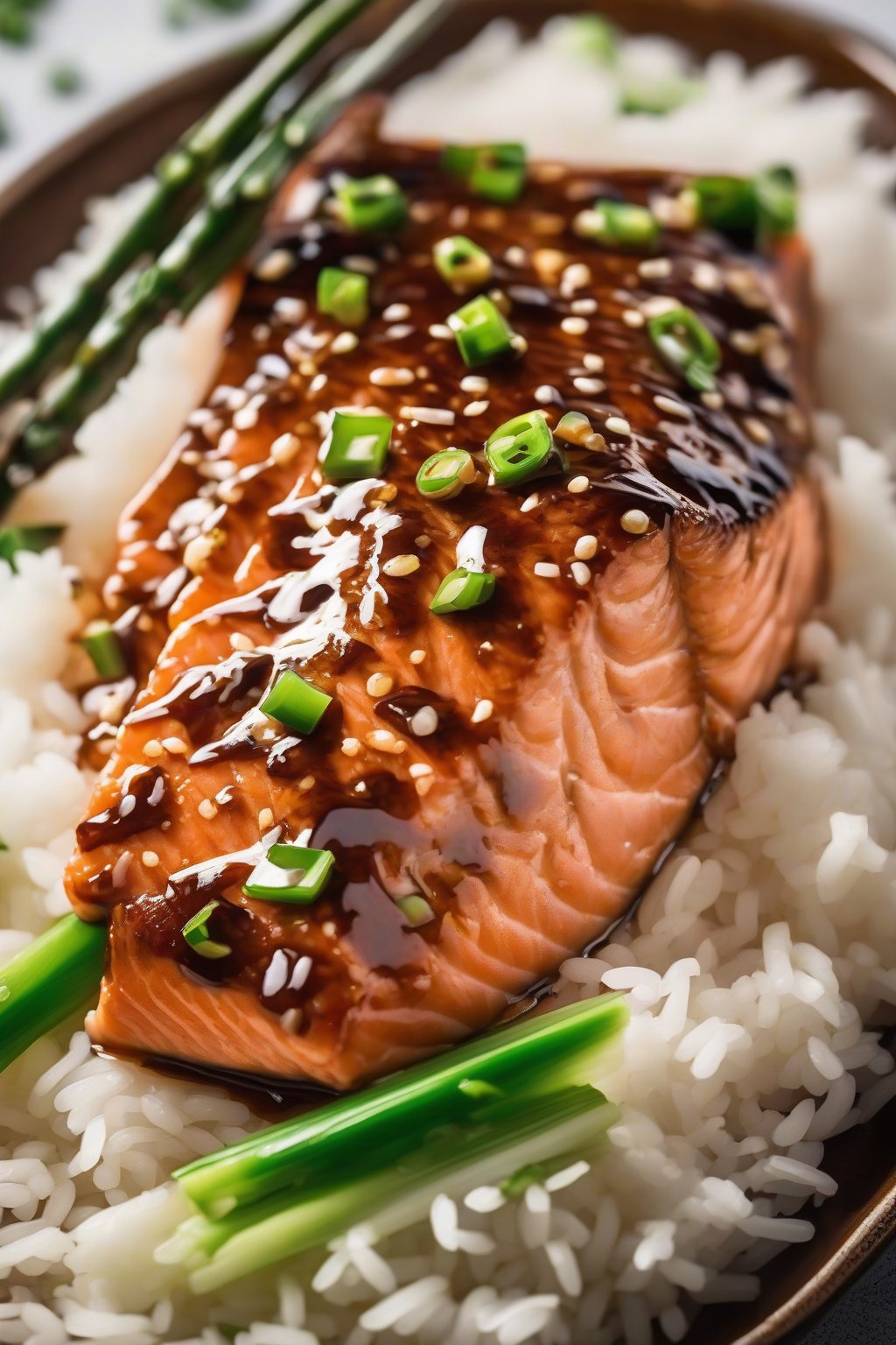 A high-resolution photo of baked teriyaki salmon glistening with glaze, served with rice and green onions under soft lighting.