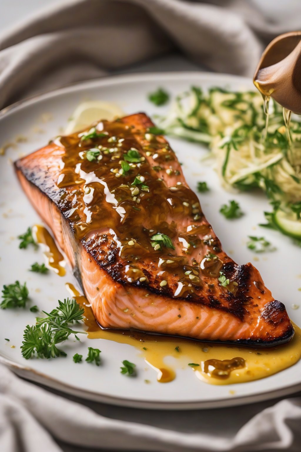 A high-resolution photo of honey mustard glazed salmon with a shiny caramelized top, on a white plate under soft lighting.