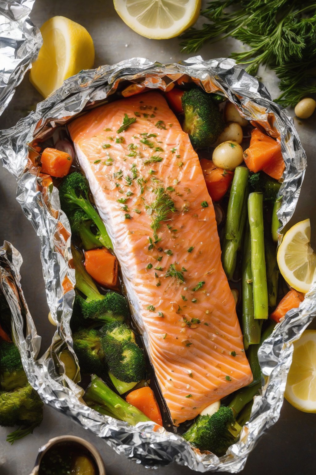 A high-resolution photo of foil packet salmon opened to reveal steamed veggies and flaky fish under soft lighting.