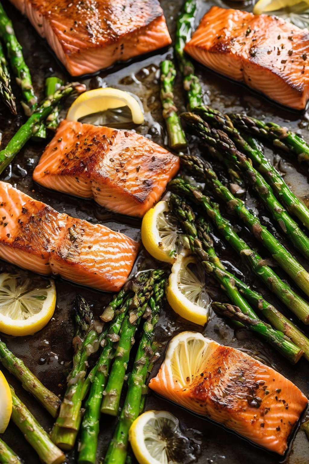 A high-resolution photo of pan-seared salmon with crispy skin next to charred asparagus spears under soft lighting.