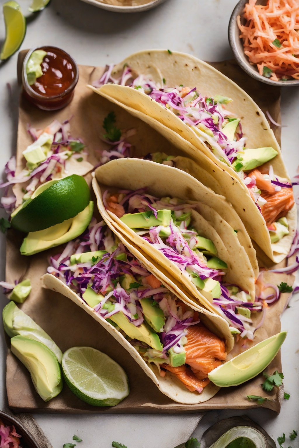 A high-resolution photo of salmon tacos topped with slaw and avocado in open tortillas under soft lighting.