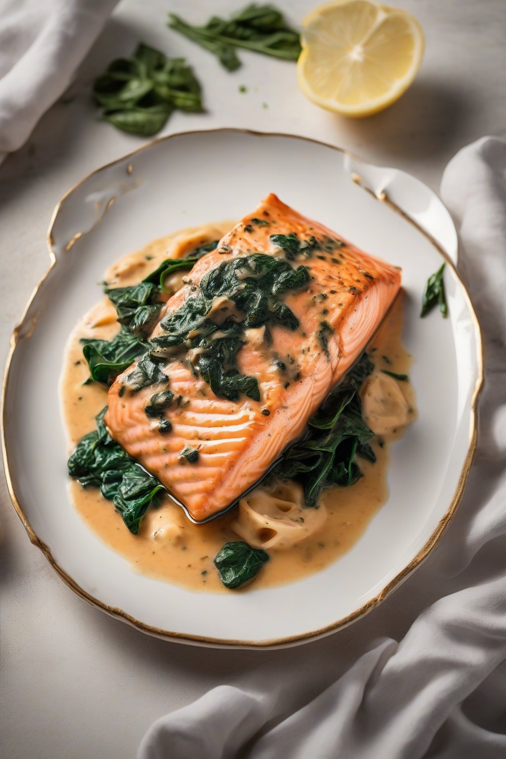 A high-resolution photo of creamy Tuscan salmon in a rich sauce with wilted spinach under soft lighting.