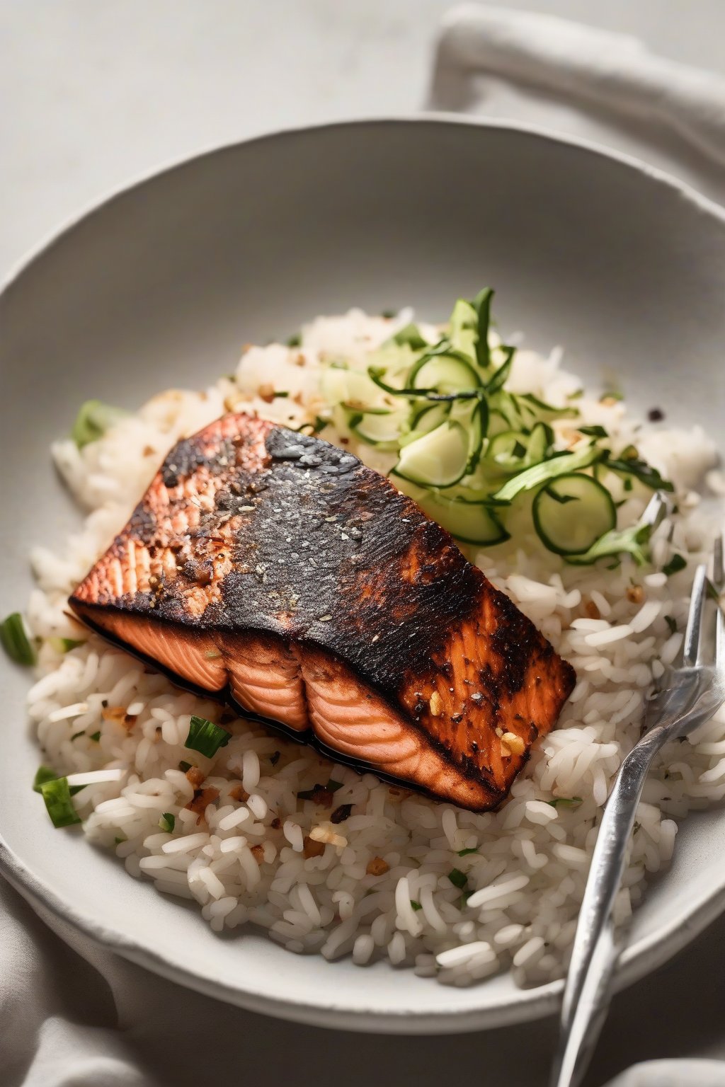 A high-resolution photo of blackened salmon with charred edges on rice under soft lighting.