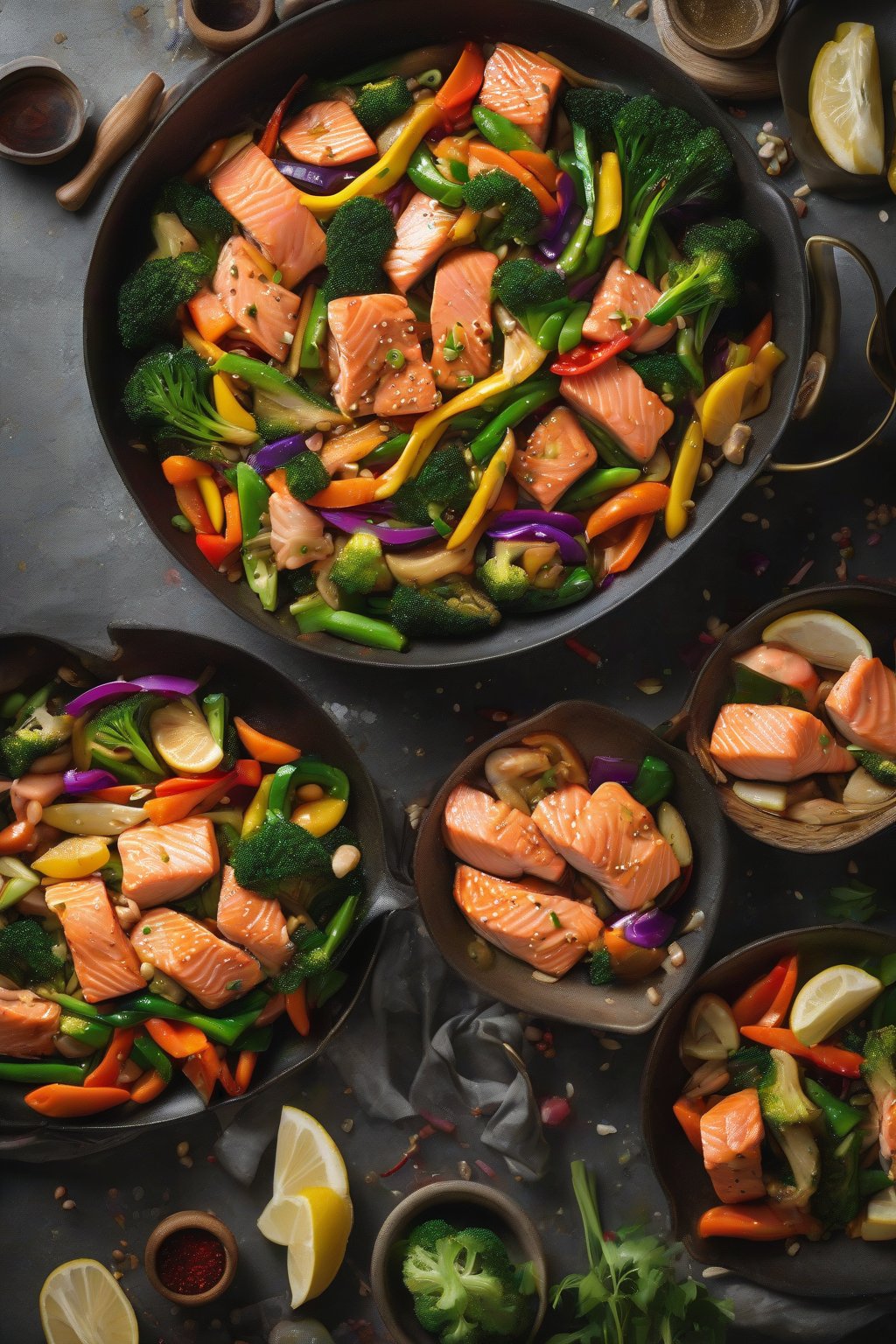 A high-resolution photo of salmon stir-fry with colorful veggies in a wok under soft lighting.