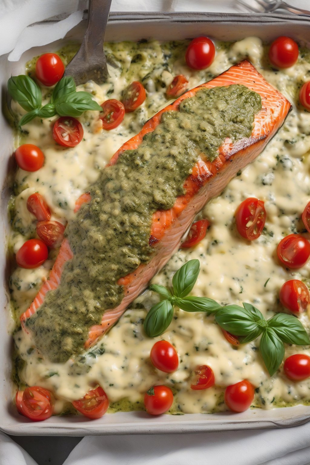 A high-resolution photo of pesto baked salmon topped with melted cheese and tomatoes under soft lighting.