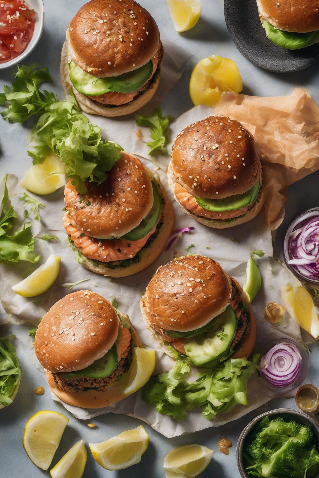 A high-resolution photo of salmon burgers on buns with fresh toppings under soft lighting.