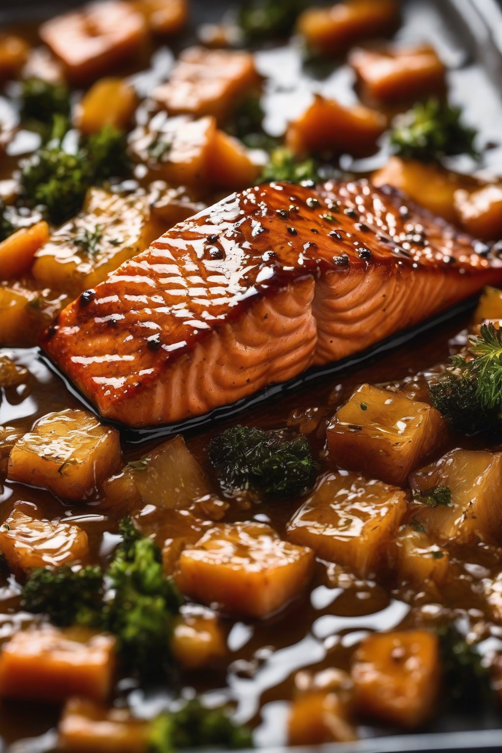 A high-resolution photo of maple glazed salmon with a sticky shine under soft lighting.
