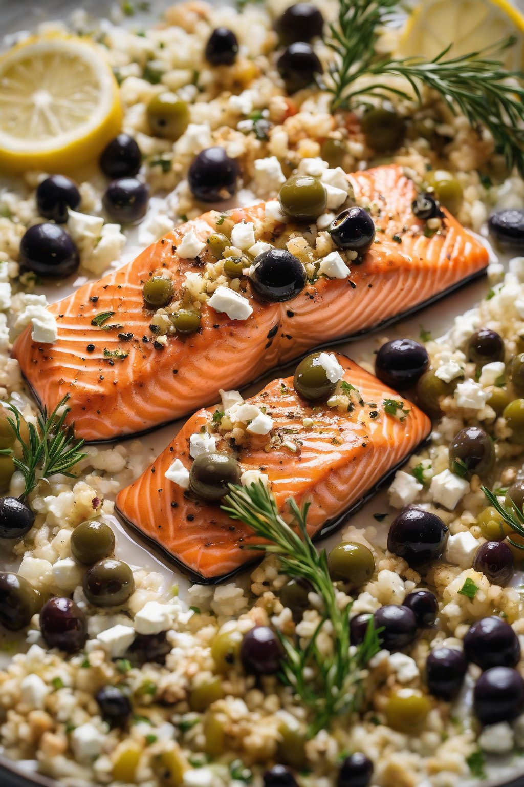 A high-resolution photo of Mediterranean salmon with feta crumbles and olives under soft lighting.