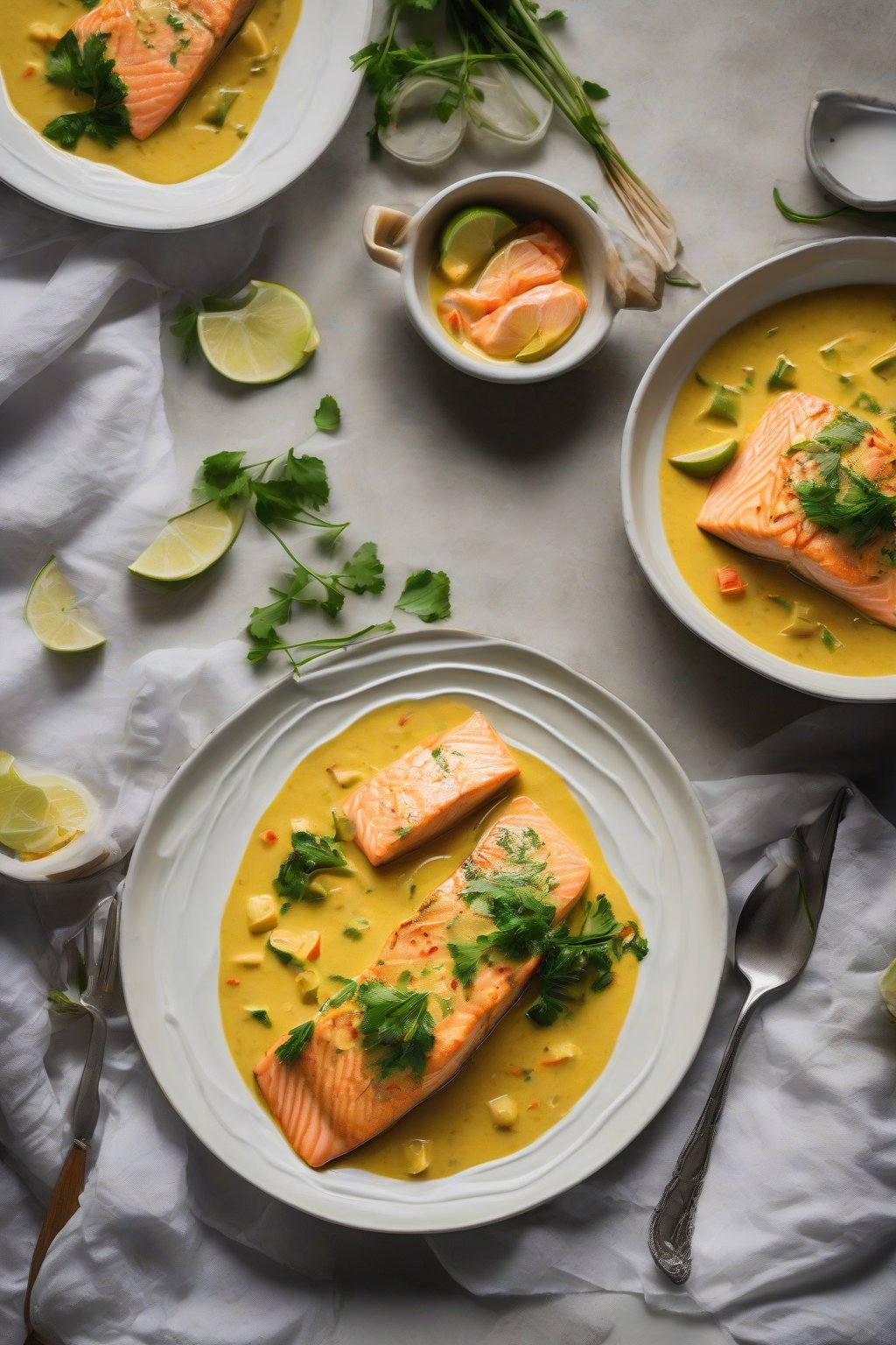 A high-resolution photo of coconut curry salmon in a creamy yellow sauce under soft lighting.