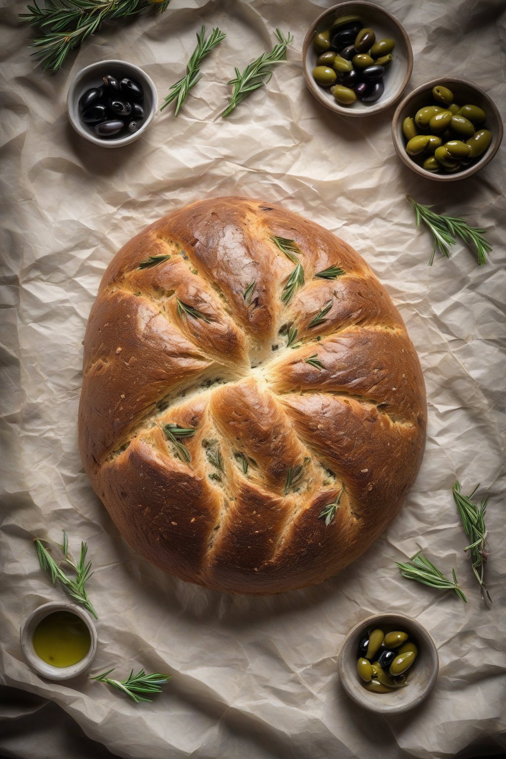 A high-resolution photo of a rustic no-knead olive and rosemary bread round loaf, olives studding the crust, on parchment paper, under soft lighting.
