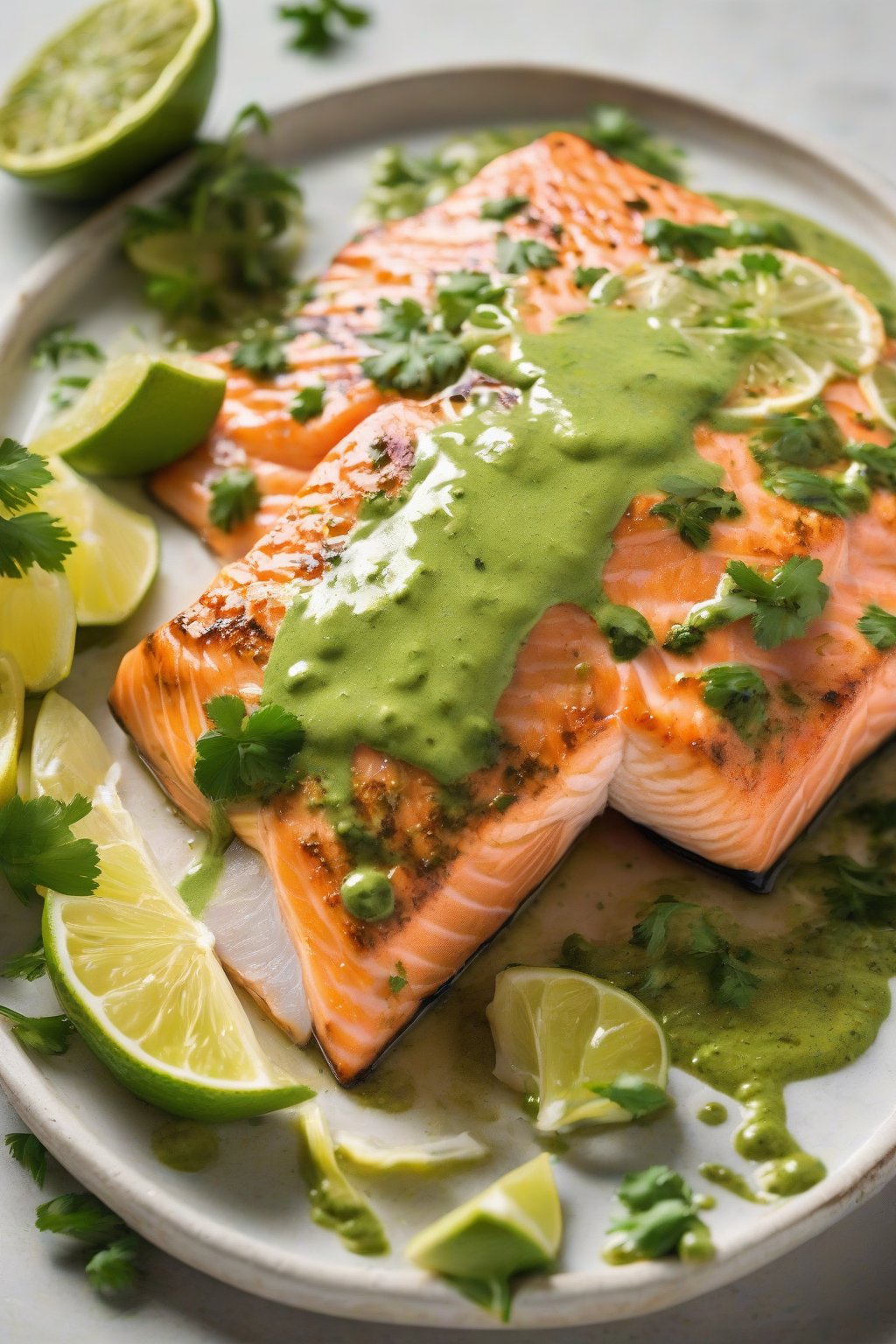 A high-resolution photo of salsa verde salmon drizzled with green sauce and lime wedges under soft lighting.