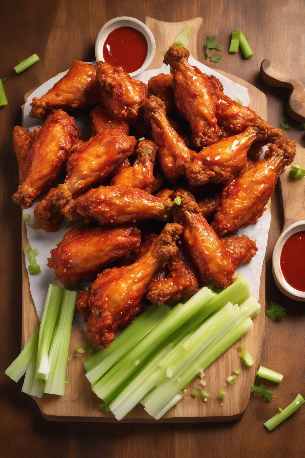 A high-resolution photo of golden crispy buffalo chicken wings drizzled with red sauce on a wooden board, garnished with celery, under soft lighting.