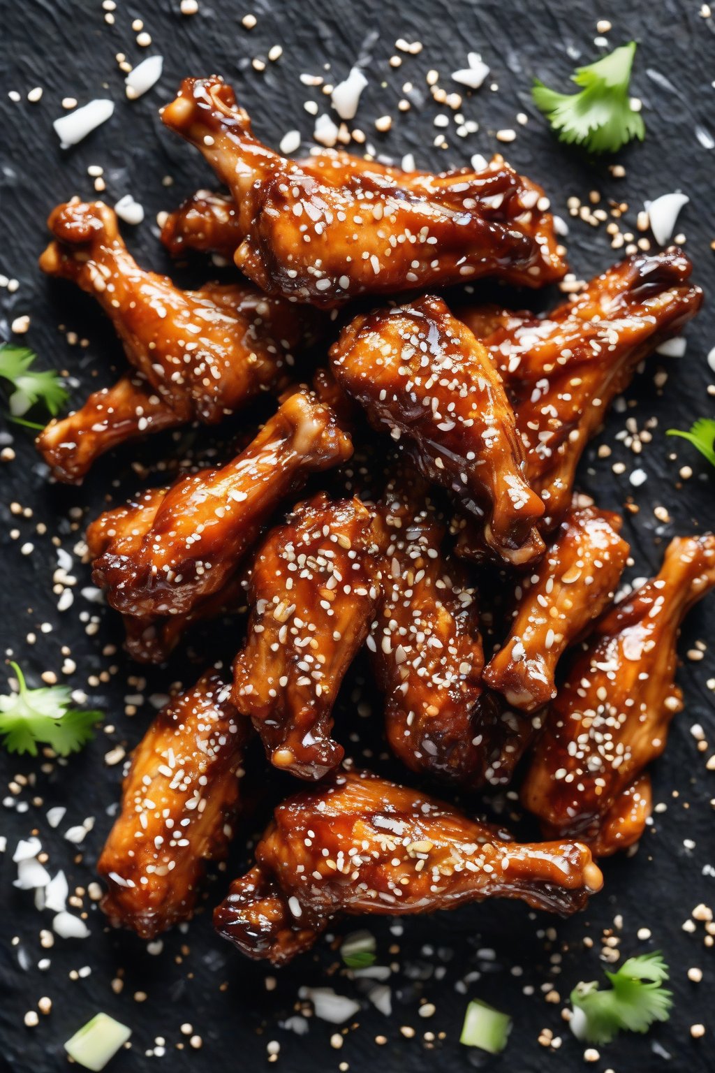A high-resolution photo of glossy honey garlic chicken wings sprinkled with sesame seeds on a black slate, steam rising, under soft lighting.