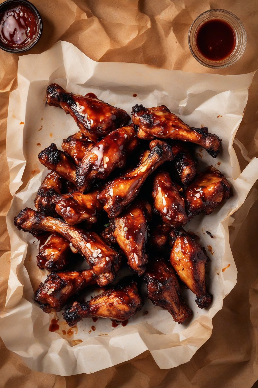 A high-resolution photo of charred BBQ chicken wings stacked on parchment paper with sauce drips, under soft lighting.