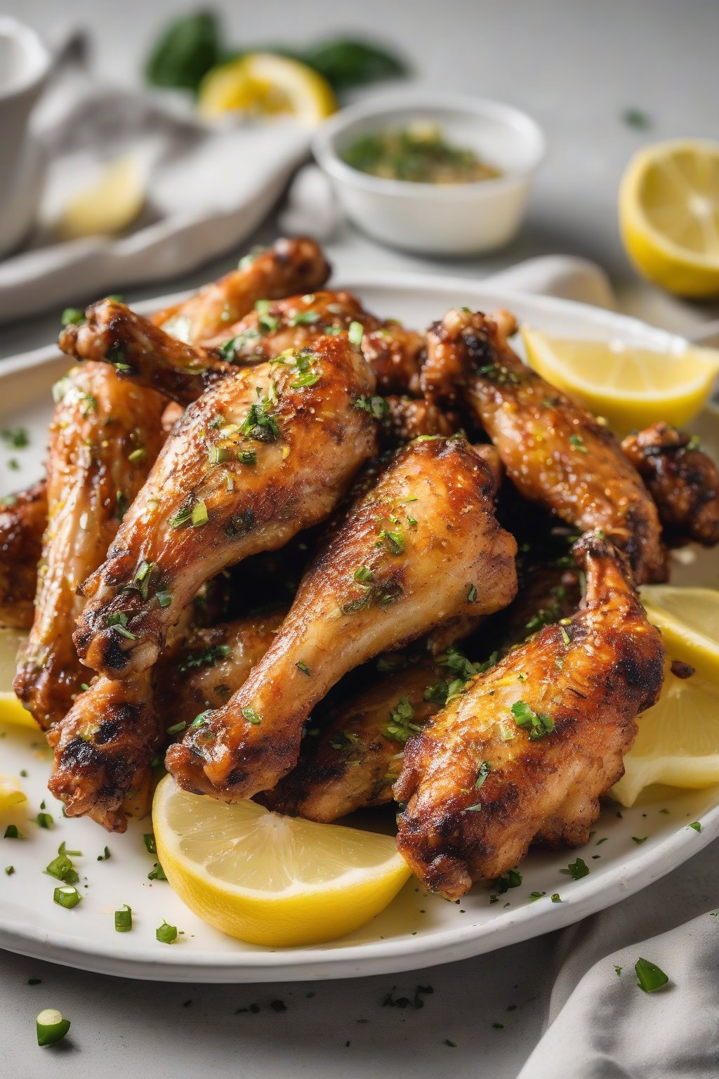 A high-resolution photo of lemon pepper chicken wings with yellow zest flecks on a white plate, lemon wedges nearby, under soft lighting.