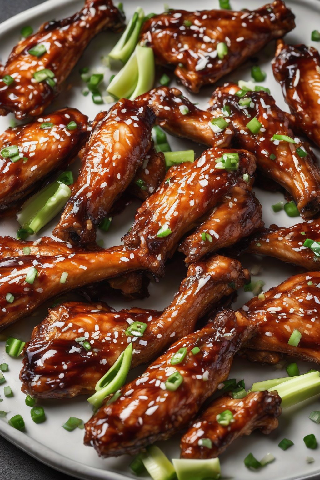 A high-resolution photo of shiny teriyaki chicken wings sliced to show crisp skin, garnished with scallions, under soft lighting.
