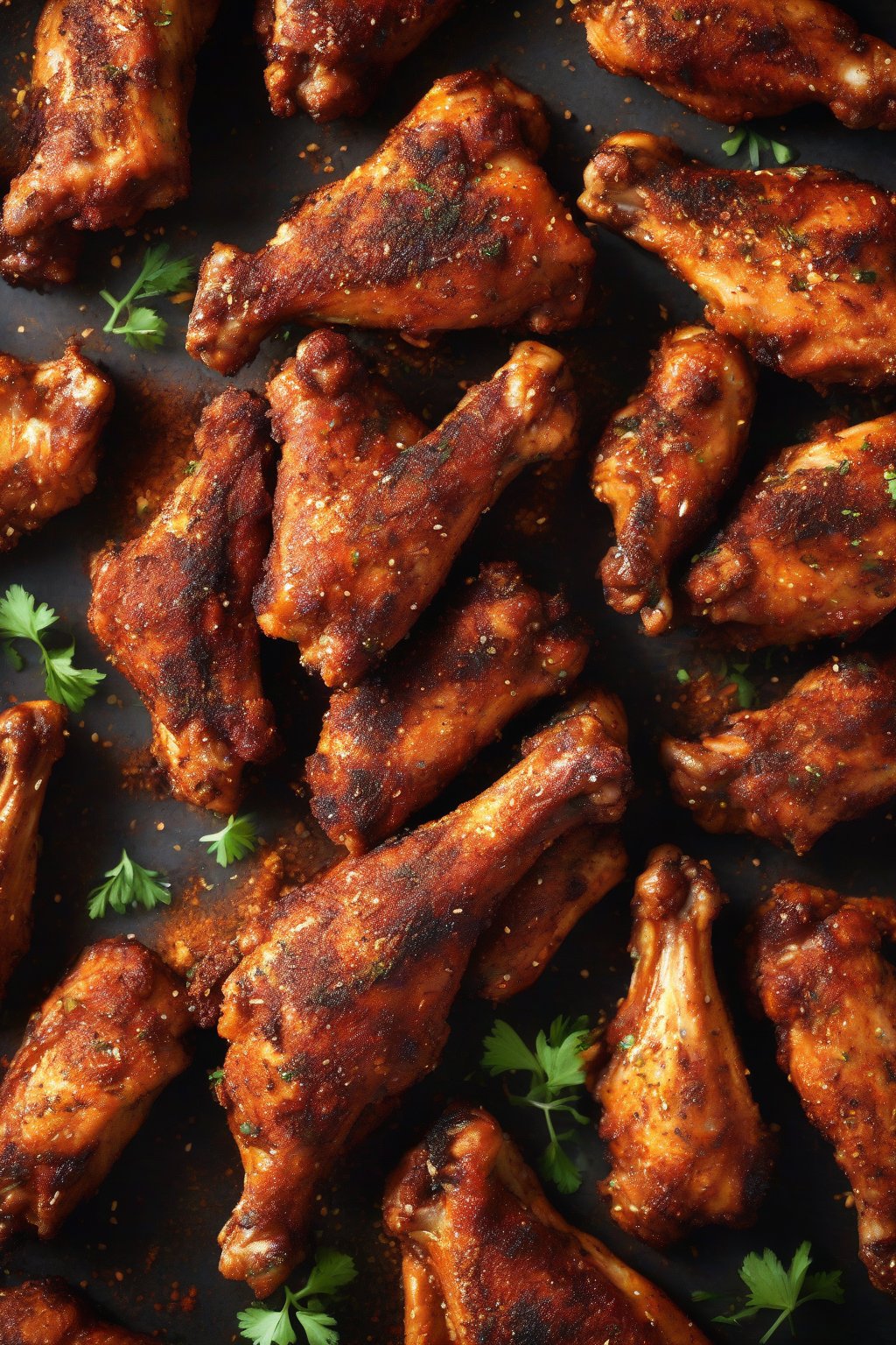 A high-resolution photo of red-dusted Cajun chicken wings piled high with spice rub visible, under soft lighting.