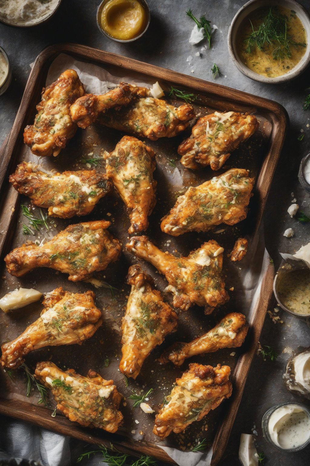 A high-resolution photo of cheesy garlic parmesan chicken wings with herb flecks on a rustic tray, under soft lighting.