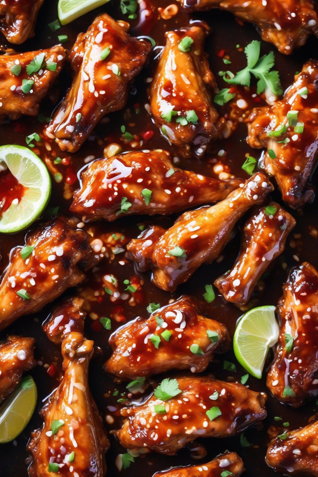 A high-resolution photo of glossy sweet chili chicken wings with sauce glaze and lime wedge, under soft lighting.