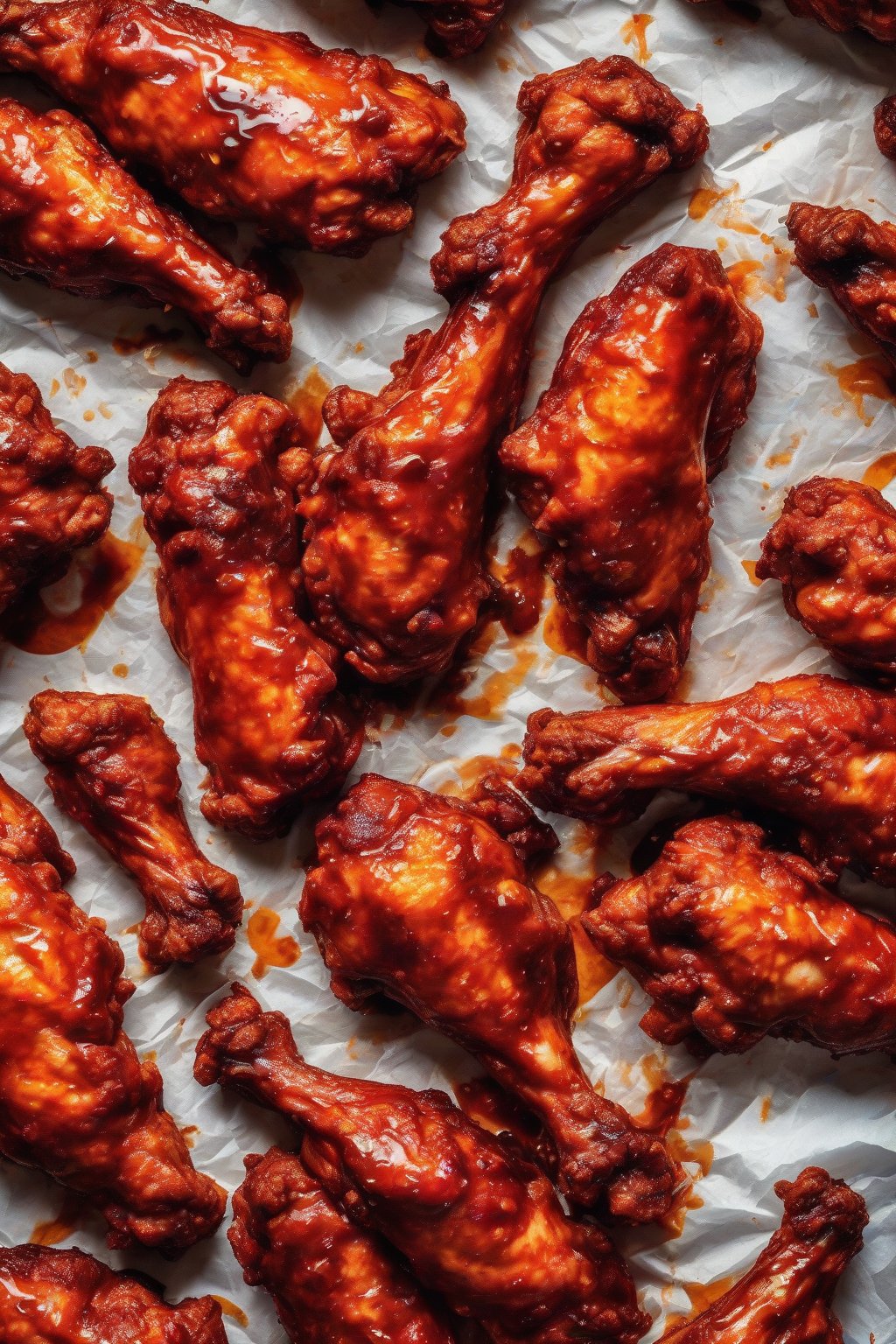 A high-resolution photo of fiery red Nashville hot chicken wings on wax paper, oil sheen glistening, under soft lighting.