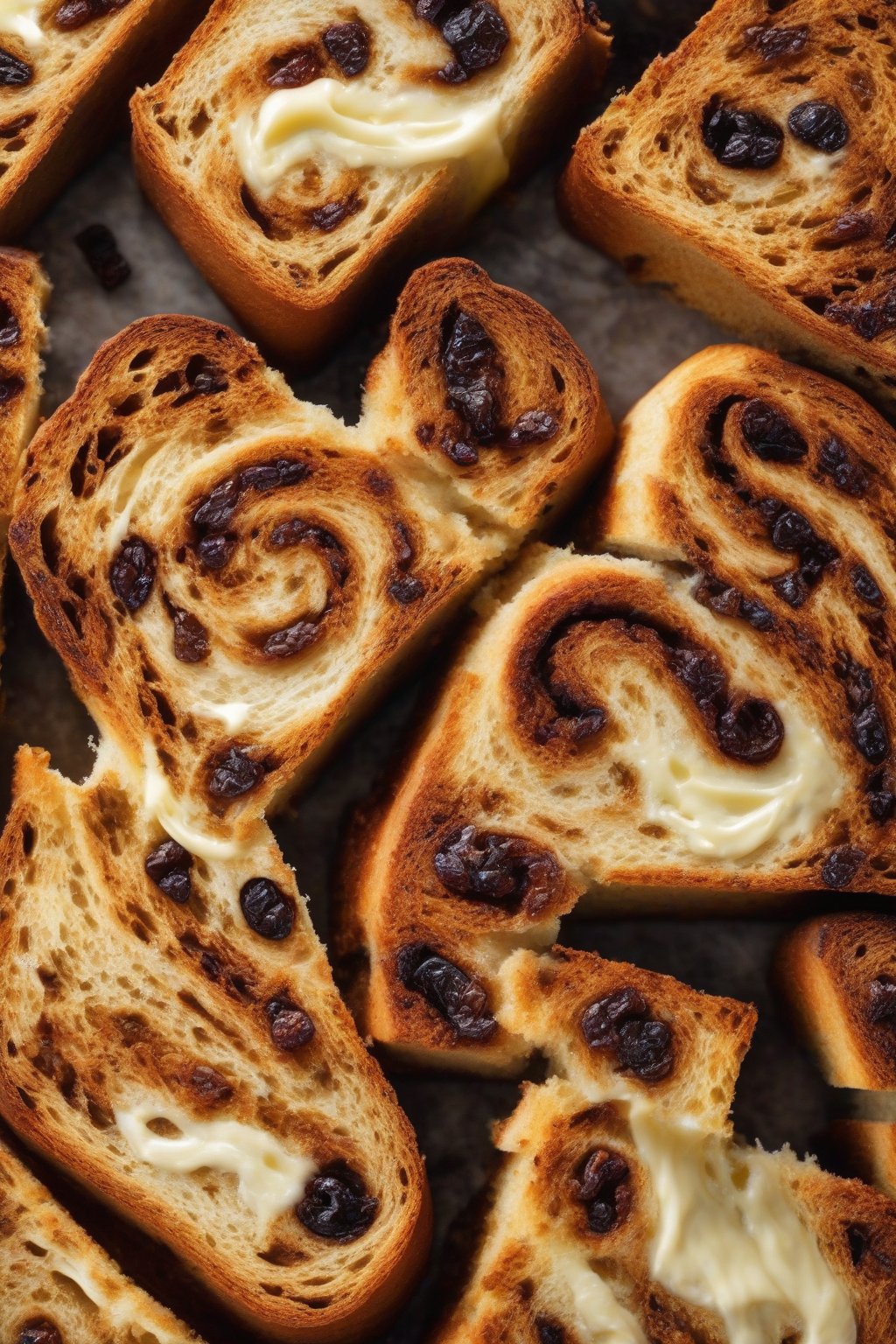 A high-resolution photo of toasted no-knead cinnamon raisin bread slices showing swirls inside, butter melting on top, under soft lighting.
