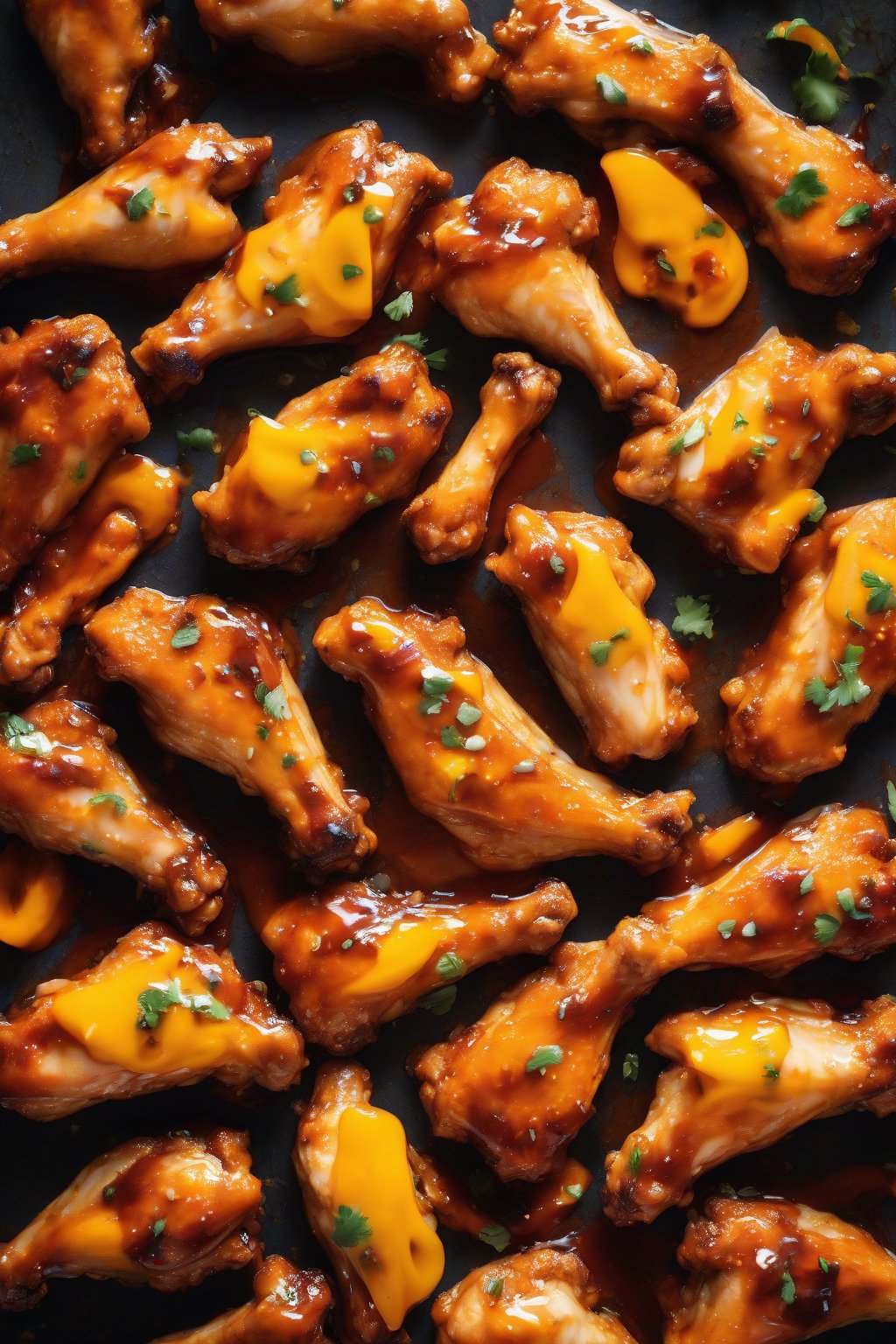 A high-resolution photo of vibrant orange mango habanero chicken wings drizzled with sauce, under soft lighting.