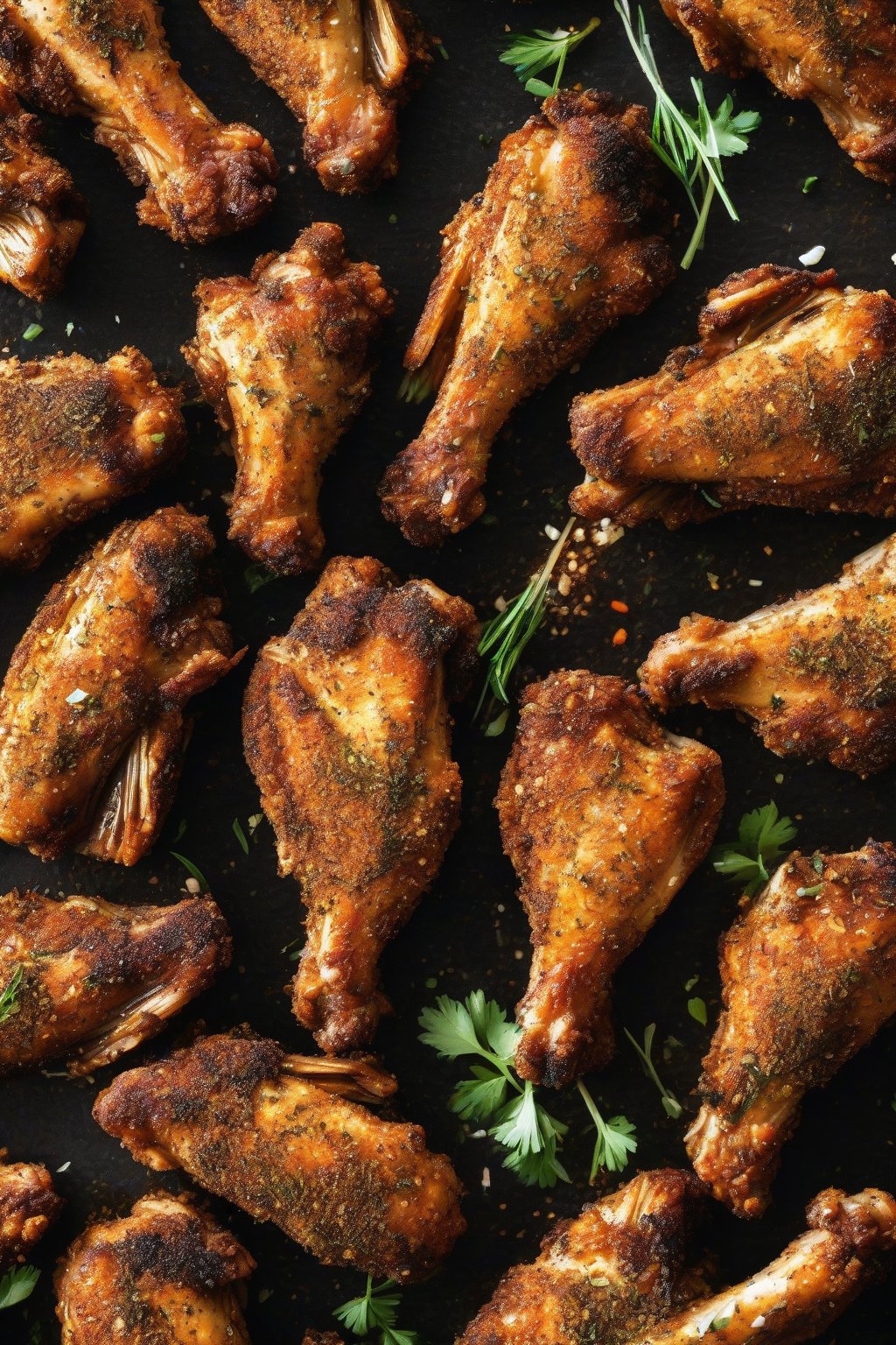 A high-resolution photo of herb-crusted ranch dry rub chicken wings fanned out, seasoning visible, under soft lighting.