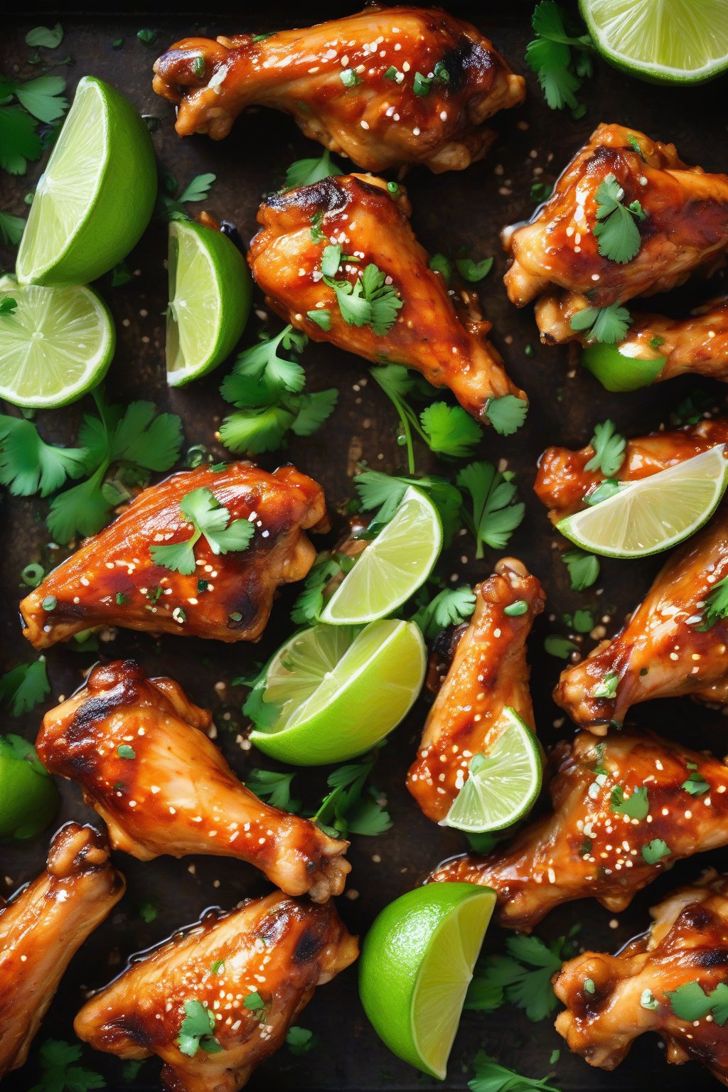 A high-resolution photo of bright sriracha lime chicken wings with cilantro garnish and lime slices, under soft lighting.