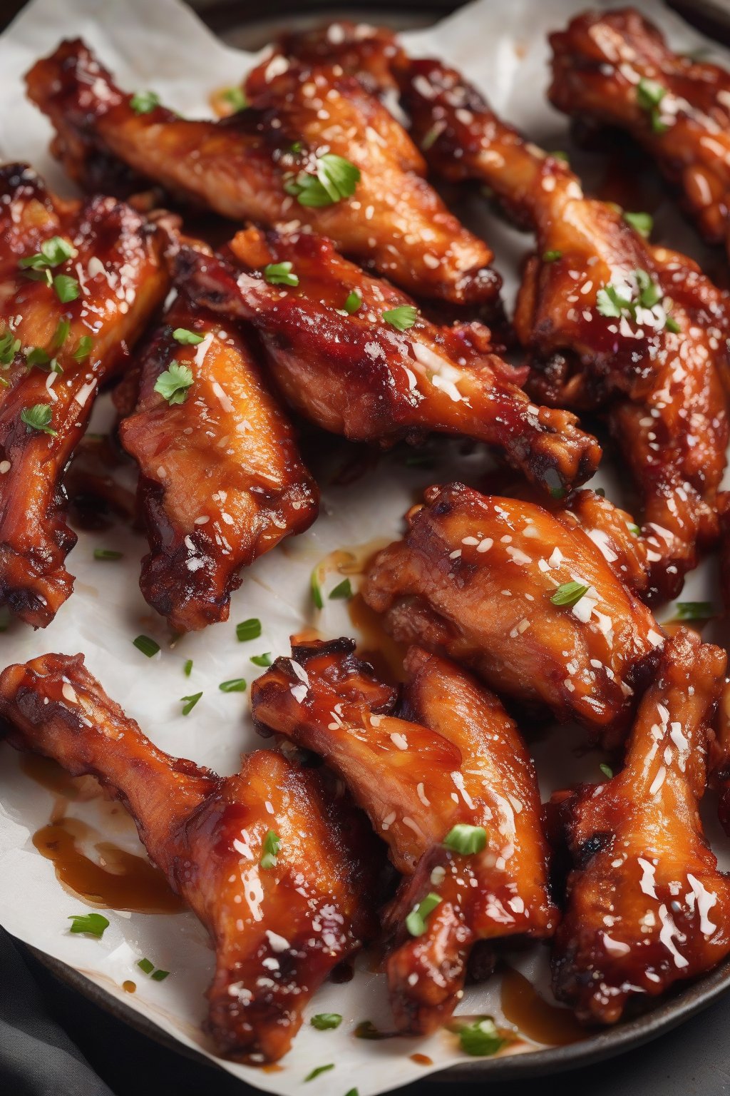 A high-resolution photo of bacon-bit maple chicken wings sticky with glaze, under soft lighting.