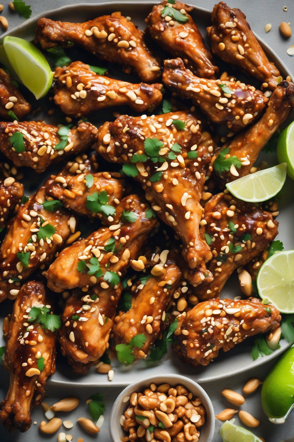 A high-resolution photo of peanut-sauced Thai chicken wings with crushed peanuts and lime, under soft lighting.