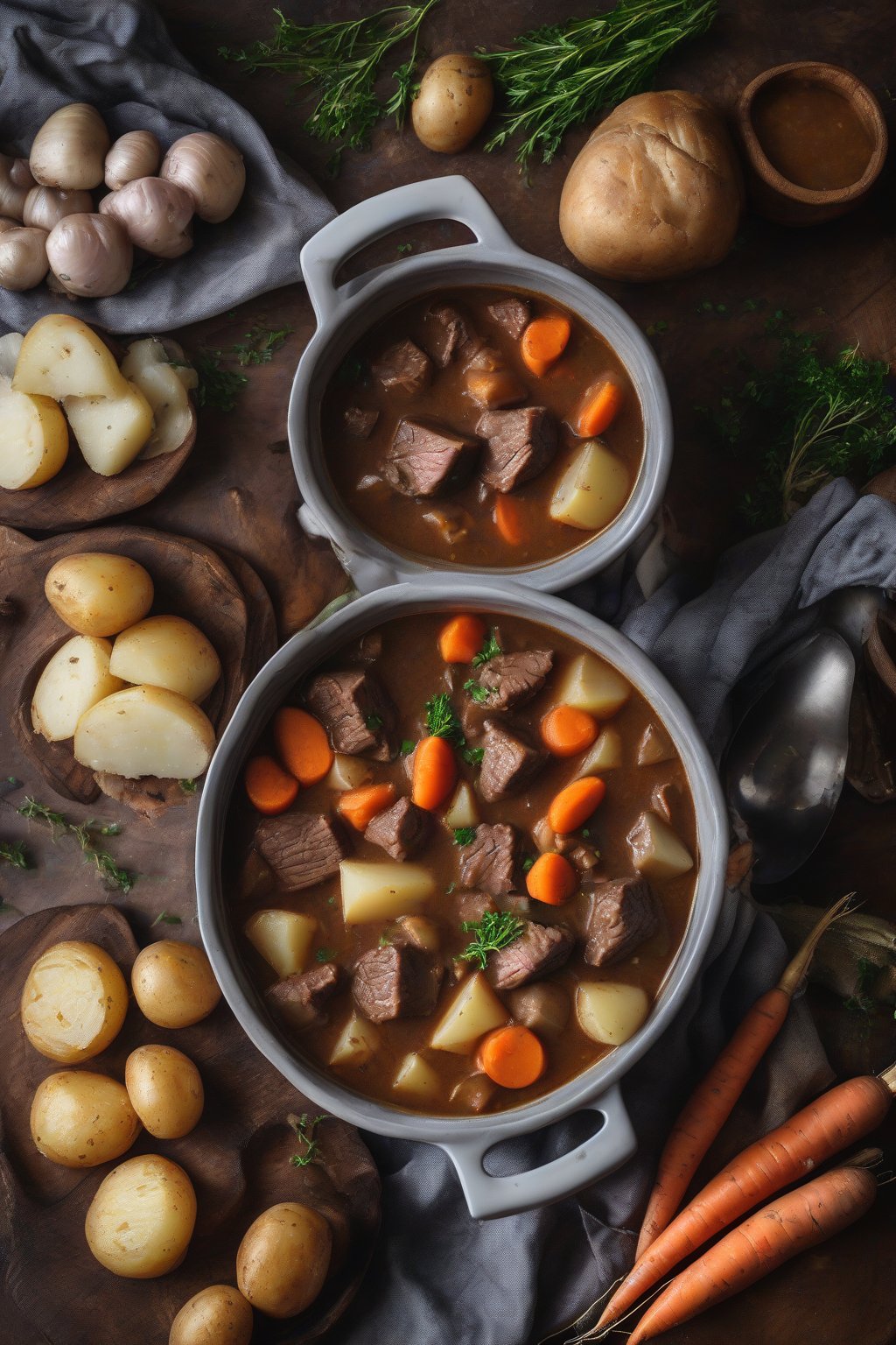 A high-resolution photo of a steaming bowl of classic beef stew with chunks of beef, carrots, and potatoes in thick gravy, under soft lighting.
