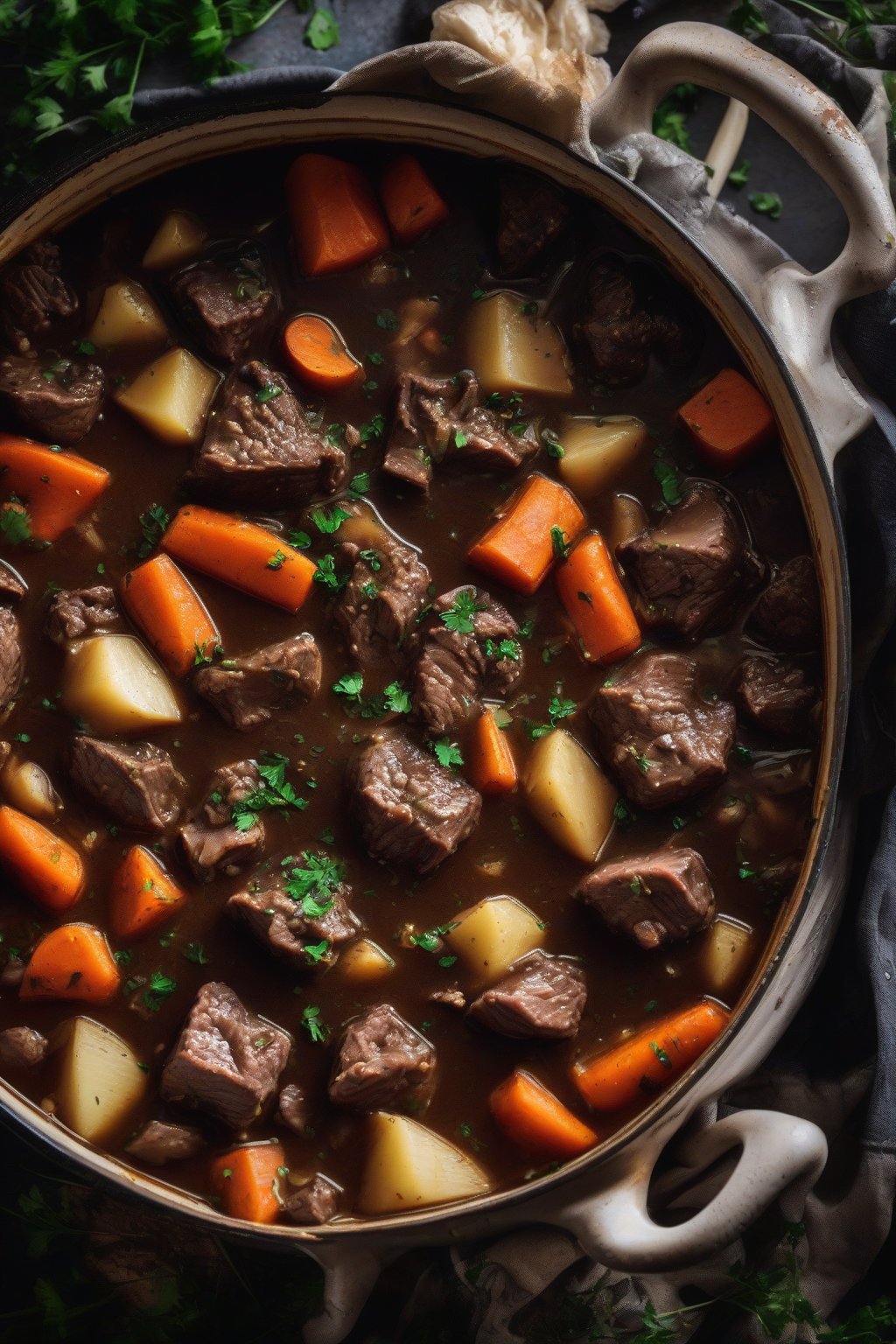 A high-resolution photo of Irish Guinness beef stew bubbling in a pot with dark gravy and root vegetables, under soft lighting.