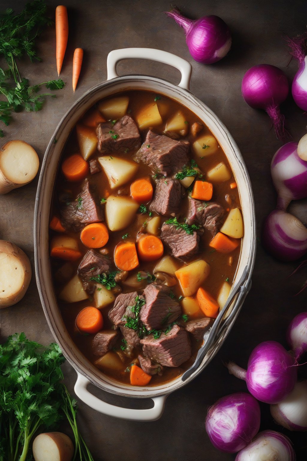 A high-resolution photo of root vegetable beef stew with colorful turnips and carrots surrounding tender beef, under soft lighting.