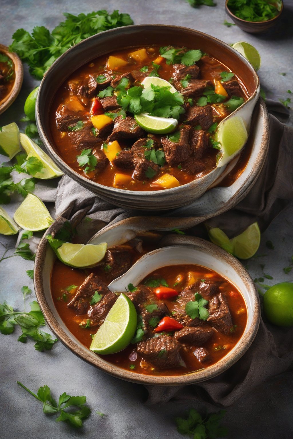 A high-resolution photo of spicy Mexican beef stew topped with cilantro and lime wedges in a vibrant bowl, under soft lighting.