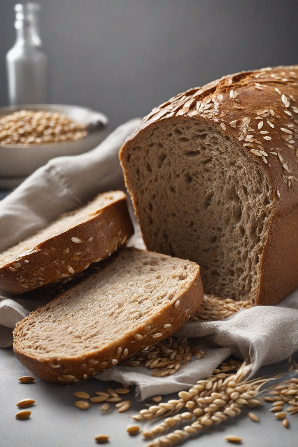 A high-resolution photo of a dense, hearty no-knead whole wheat bread loaf with a shiny crust, beside whole wheat berries, under soft lighting.