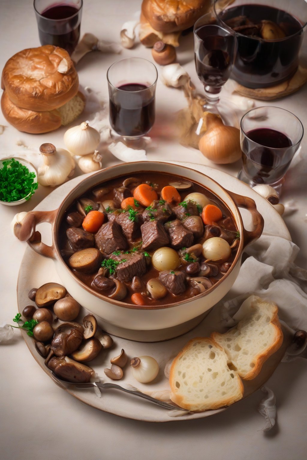 A high-resolution photo of elegant beef Bourguignon stew with pearl onions and mushrooms in red wine gravy, under soft lighting.