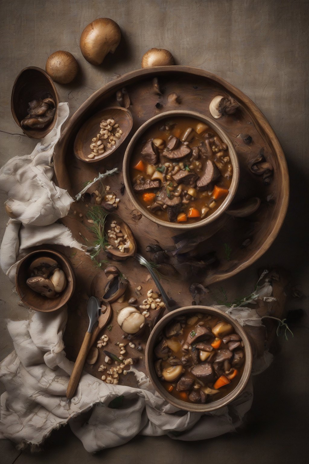 A high-resolution photo of beef and mushroom stew with barley grains and wild mushrooms in a rustic bowl, under soft lighting.