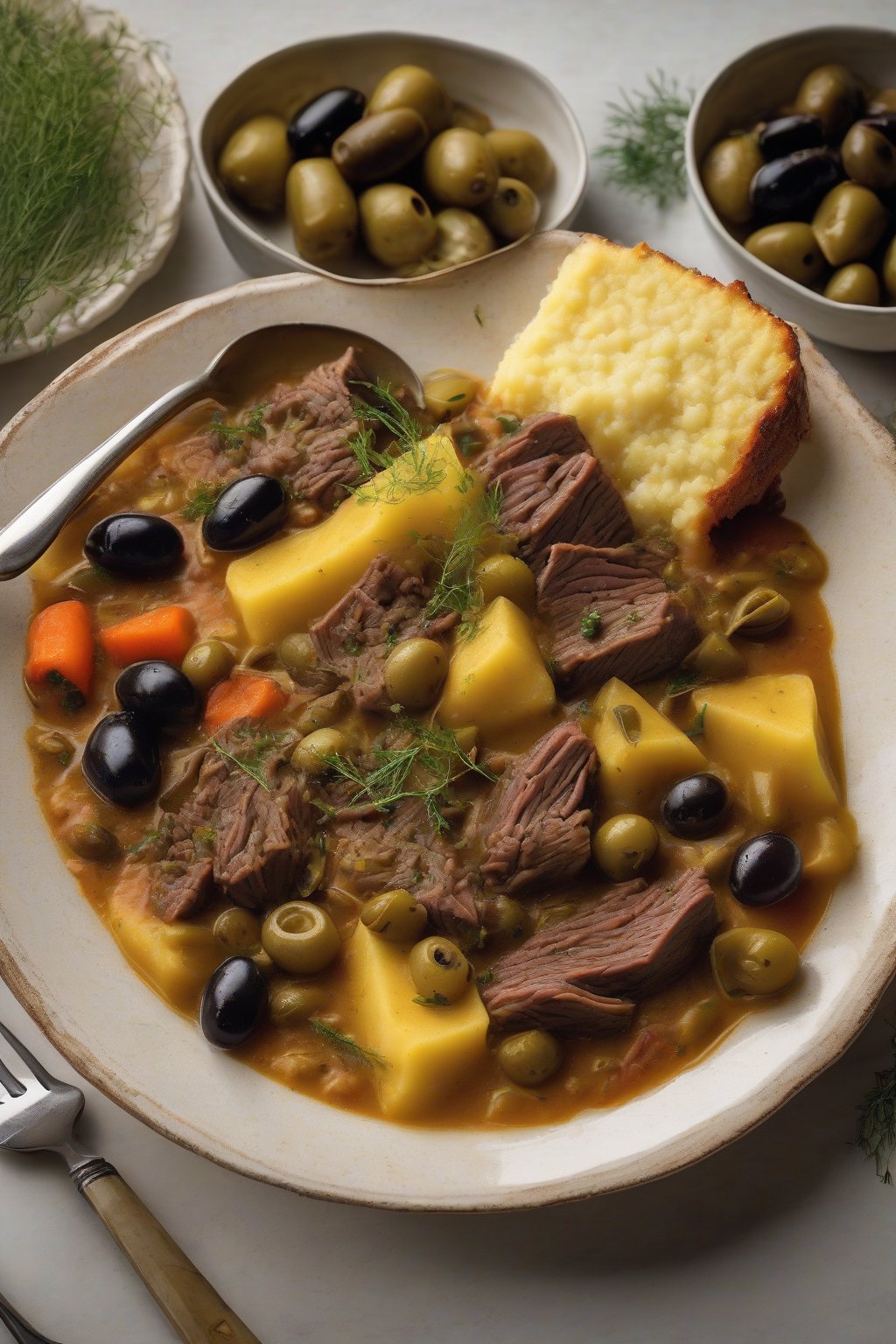 A high-resolution photo of Italian beef stew ladled over golden polenta with fennel and olives, under soft lighting.